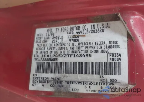 1996 Ford Mustang Gt from USA, damaged, VIN 1FALP45X2TF143495